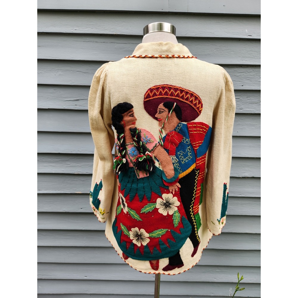 Vintage 50s Mexican Tourist Jacket Cream Embroidered Folk Art Applique Medium - Picture 2 of 8